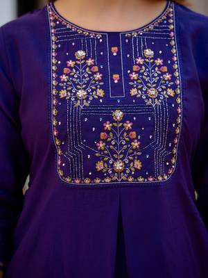 navy blue elegant viscose mango silk embroidered kurti pant set with dupatta 3