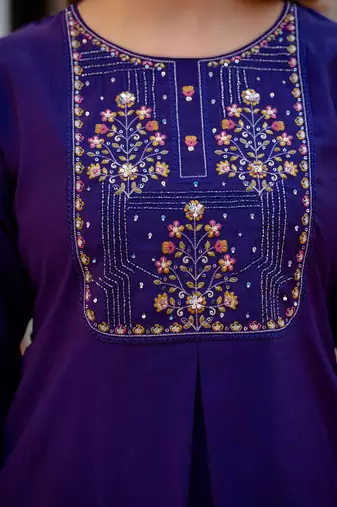navy blue elegant viscose mango silk embroidered kurti pant set with dupatta