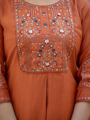 orange elegant viscose mango silk embroidered kurti pant set with dupatta 3