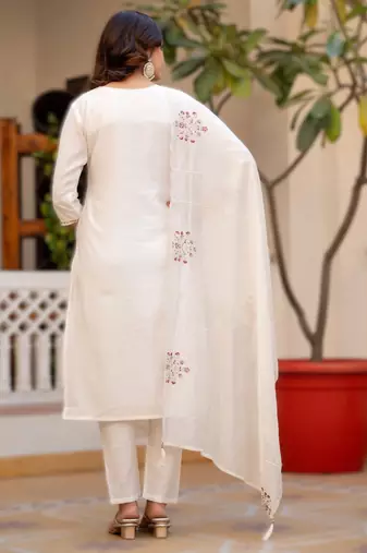 white elegant viscose mango silk embroidered kurti pant set with dupatta