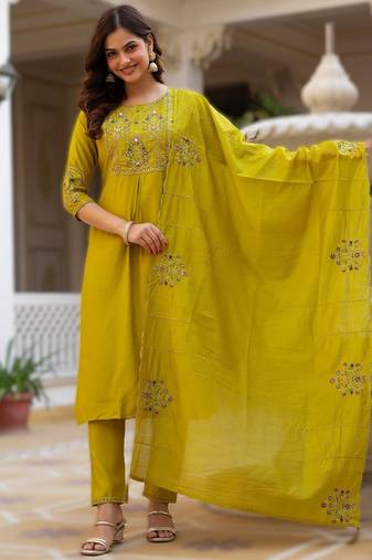 Yellow elegant viscose mango silk embroidered kurti pant set with dupatta