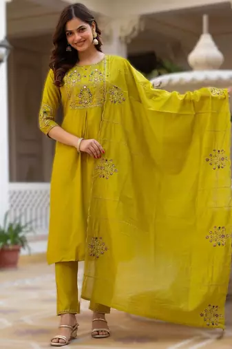Yellow elegant viscose mango silk embroidered kurti pant set with dupatta