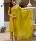 Yellow elegant viscose mango silk embroidered kurti pant set with dupatta