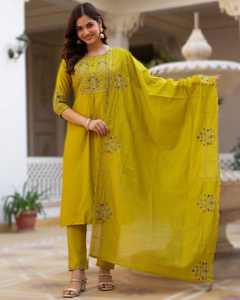 Yellow elegant viscose mango silk embroidered kurti pant set with dupatta