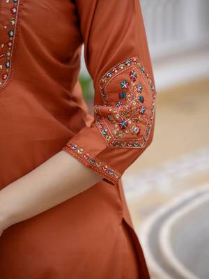 orange elegant viscose mango silk embroidered kurti pant set with dupatta 4