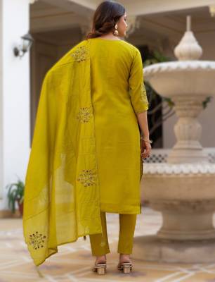 yellow elegant viscose mango silk embroidered kurti pant set with dupatta 2