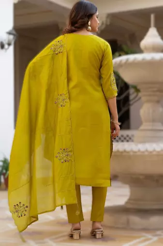 yellow elegant viscose mango silk embroidered kurti pant set with dupatta