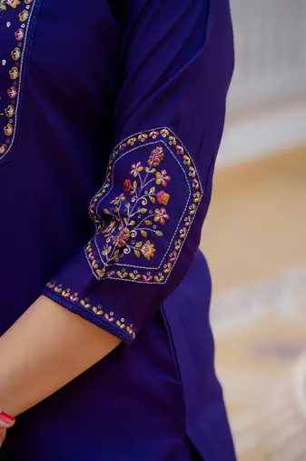 navy blue elegant viscose mango silk embroidered kurti pant set with dupatta