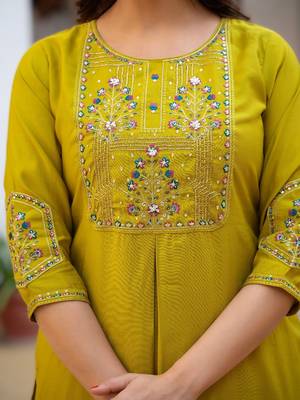 yellow elegant viscose mango silk embroidered kurti pant set with dupatta 3