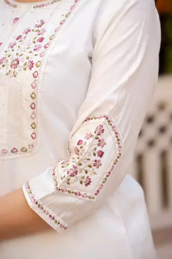 white elegant viscose mango silk embroidered kurti pant set with dupatta