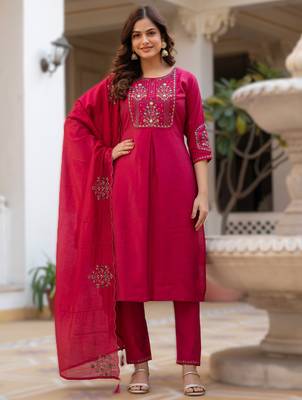 pink elegant viscose mango silk embroidered kurti pant set with dupatta 1