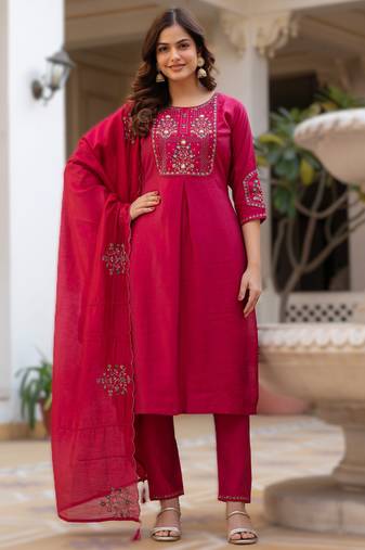 Pink elegant viscose mango silk embroidered kurti pant set with dupatta