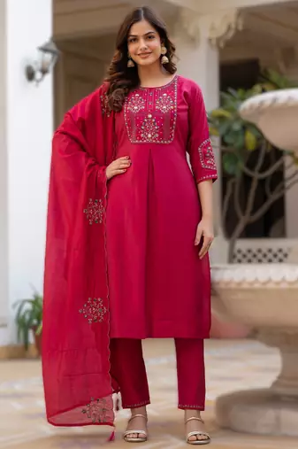 Pink elegant viscose mango silk embroidered kurti pant set with dupatta