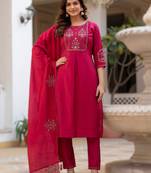 Pink elegant viscose mango silk embroidered kurti pant set with dupatta