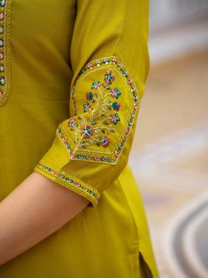 yellow elegant viscose mango silk embroidered kurti pant set with dupatta 4