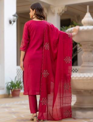 pink elegant viscose mango silk embroidered kurti pant set with dupatta 2