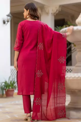 pink elegant viscose mango silk embroidered kurti pant set with dupatta