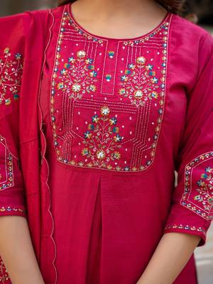 pink elegant viscose mango silk embroidered kurti pant set with dupatta 3