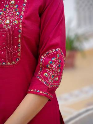 pink elegant viscose mango silk embroidered kurti pant set with dupatta 4