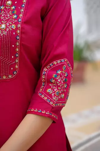 pink elegant viscose mango silk embroidered kurti pant set with dupatta