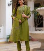 Mehendi elegant viscose mango silk embroidered kurti pant set with dupatta