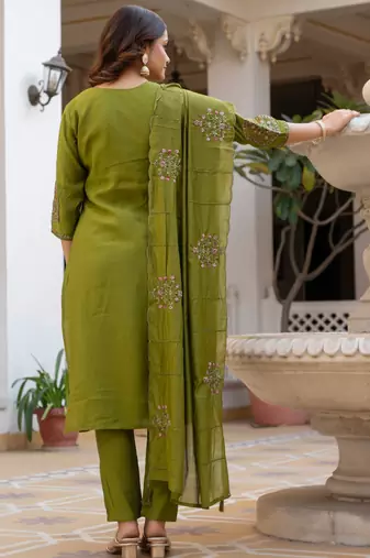 mehendi elegant viscose mango silk embroidered kurti pant set with dupatta