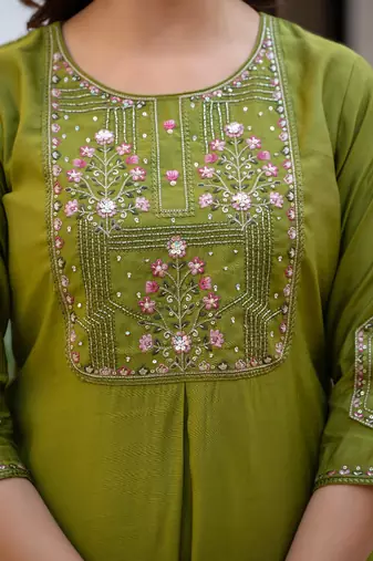 mehendi elegant viscose mango silk embroidered kurti pant set with dupatta