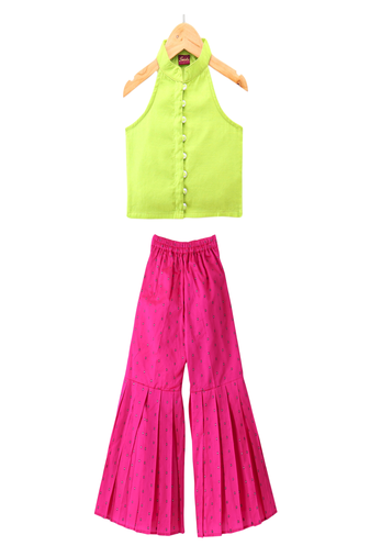 woven chanderi sleeveless solid top with printed palazzo-limegreen & pink