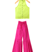woven chanderi sleeveless solid top with printed palazzo-limegreen & pink