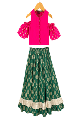woven half  sleeves printed top with printed lehenga-pink & green 1