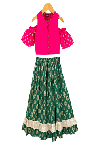 woven half  sleeves printed top with printed lehenga-pink & green