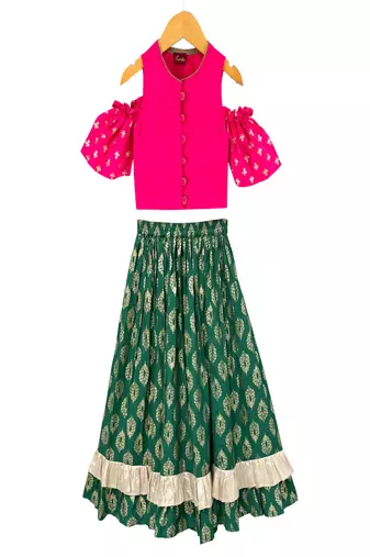 woven half  sleeves printed top with printed lehenga-pink & green