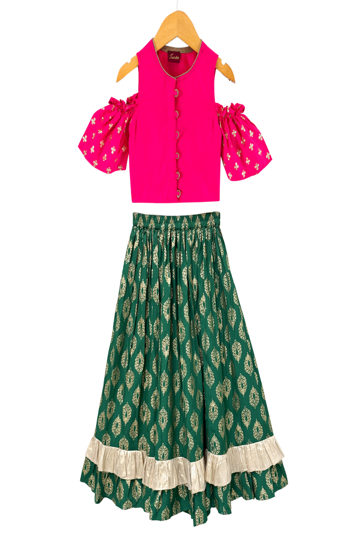 woven half  sleeves printed top with printed lehenga-pink & green