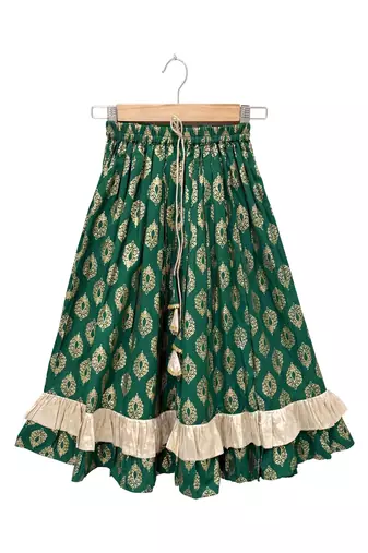 woven half  sleeves printed top with printed lehenga-pink & green