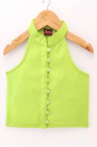 woven chanderi sleeveless solid top with printed palazzo-limegreen & pink