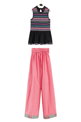 woven cotton sleeveless printed top with printed palazzo-black & coral 1