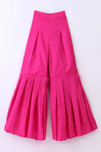 woven chanderi sleeveless solid top with printed palazzo-limegreen & pink