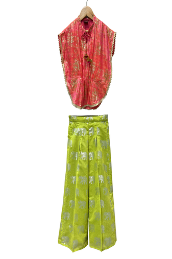 woven  embellished top with palazzo-coral & limegreen