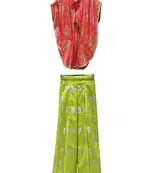 woven  embellished top with palazzo-coral & limegreen