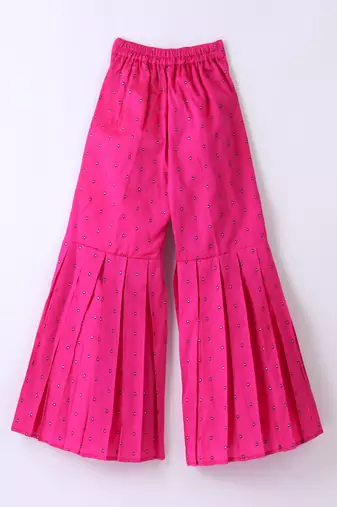 woven chanderi sleeveless solid top with printed palazzo-limegreen & pink