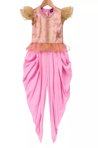 woven half sleeves embellished jumpsuit-golden & babypink