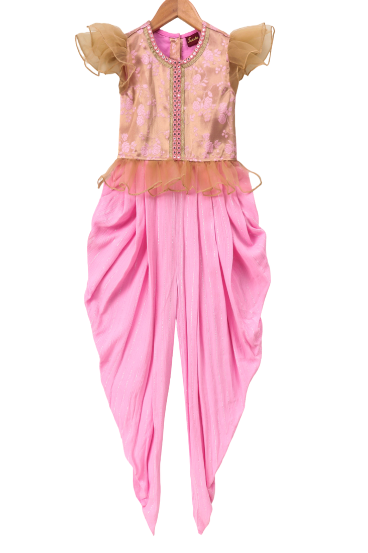 woven half sleeves embellished jumpsuit-golden & babypink