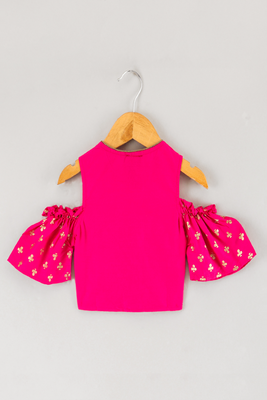 woven half  sleeves printed top with printed lehenga-pink & green 5