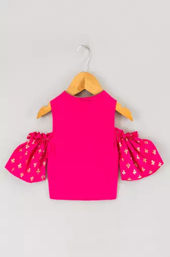 woven half  sleeves printed top with printed lehenga-pink & green