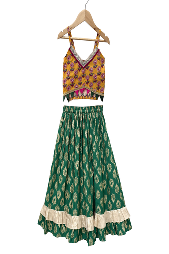 woven cotton sleeveless printed top with printed lehenga-mustard & green