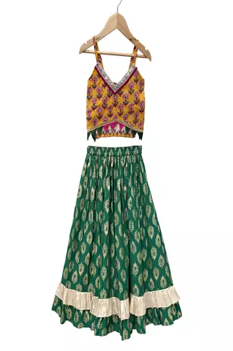 woven cotton sleeveless printed top with printed lehenga-mustard & green