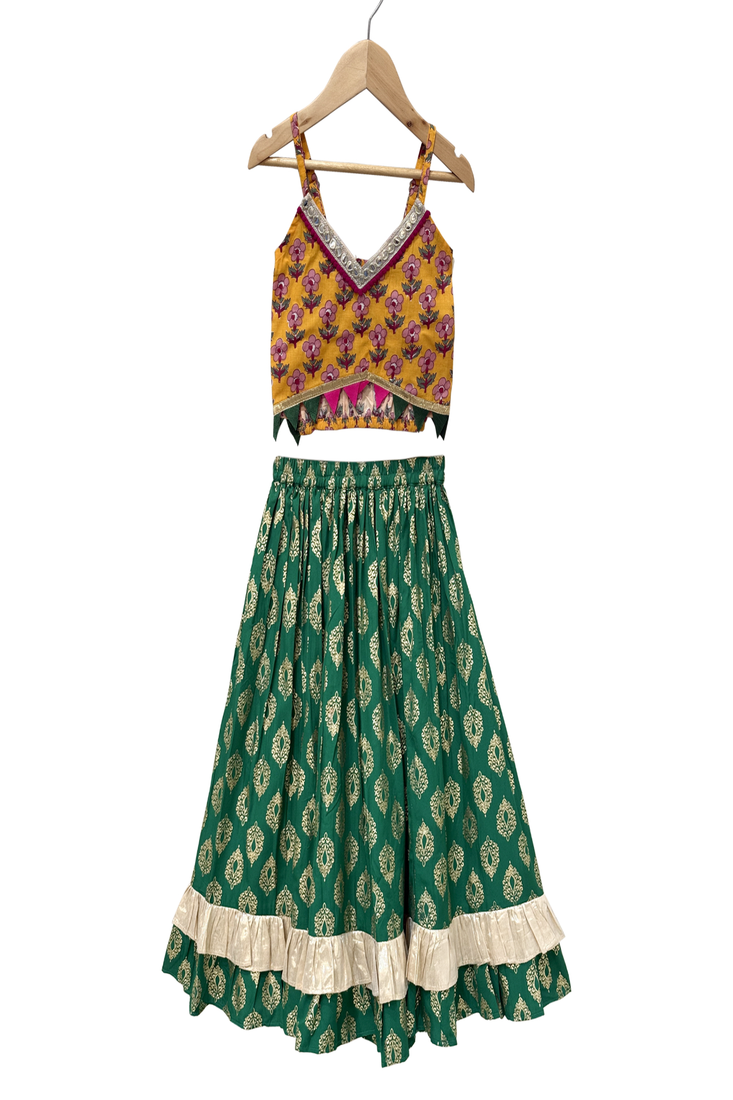 woven cotton sleeveless printed top with printed lehenga-mustard & green