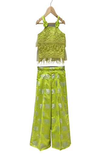 woven net sleeveless embroidered top with printed palazzo- limegreen