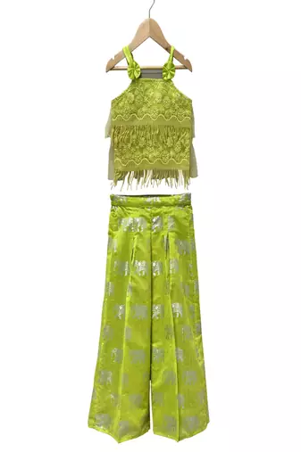 woven net sleeveless embroidered top with printed palazzo- limegreen
