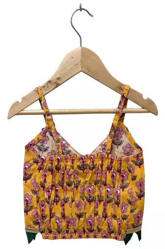 woven cotton sleeveless printed top with printed lehenga-mustard & green